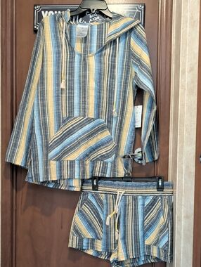Atelier BLB Striped Hooded Swim Coverup Set in Blue and Yellow Cotton